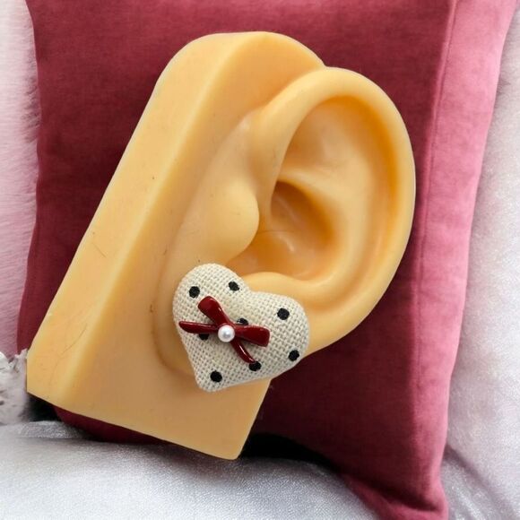 Polka-Dot Heart-Shaped Earrings Red Bow Puffed Fabric Retro Women's Jewelry New - Picture 2 of 8